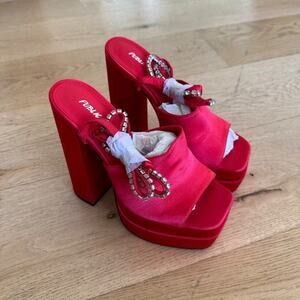 Public Desire Lilibet Red Satin Diamante Lace Up Strappy Open Toe Statement Plat